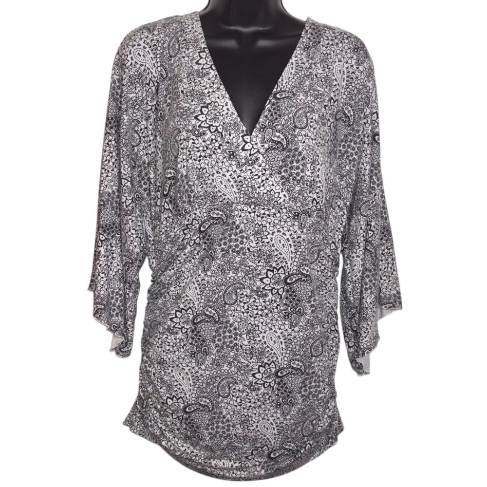 Y2K Fashion Bug Tunic Wrap Style Paisley Print Elbow Bell Sleeves Women’s Large